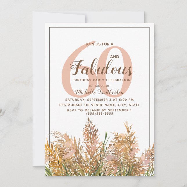60 Fabulous Pampas Grass on White Birthday Invitation (Front)