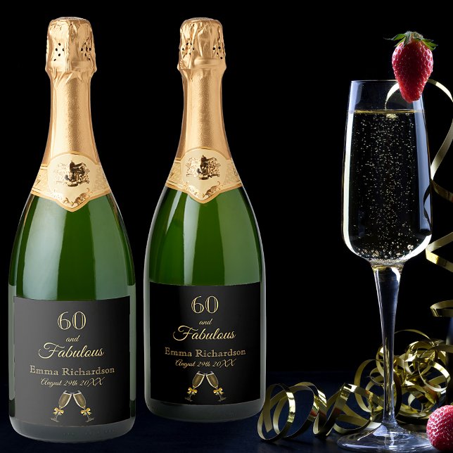 60 fabulous party black gold name sparkling wine label (Creator Uploaded)