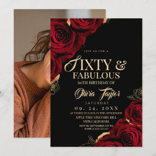 60 & Fabulous Red Black Floral Elegant Birthday Invitation