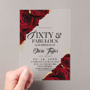 60 & Fabulous Red Gold Floral Elegant Birthday Acrylic Invitations