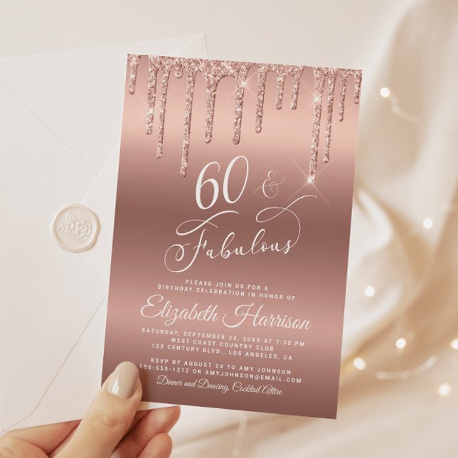 60 Fabulous Rose Gold Glitter Birthday Party Invitation (60 & Fabulous: Toast to a Life Well Celebrated!)