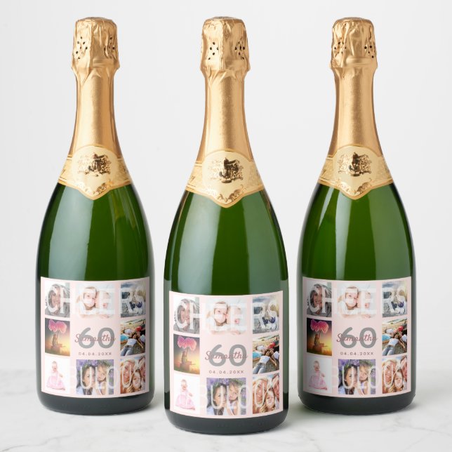 60 fabulous rose gold photo collage sparkling wine label (Bottles)
