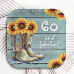 60 Fabulous Rustic Country Sunflower Boots Custom Paper Plate<br><div class="desc">60 Fabulous Birthday Rustic Country Western Sunflower Boots Custom Paper Party Plates features a watercolor illustration of cowgirl boots filled with yellow sunflowers on a rustic wooden background with the text "60 and fabulous!" in modern script typography and accented with silver faux glitter. Designed by Evco Studio www.zazzle.com/store/evcostudio</div>