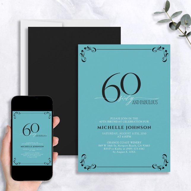 60 & Fabulous Turquoise Black & White Birthday Invitation (Creator Uploaded)