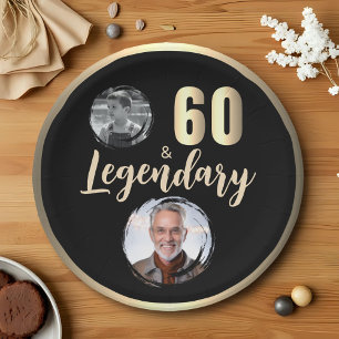 60 & Legendary 2 Photos 60th Birthday Gold Paper Plate