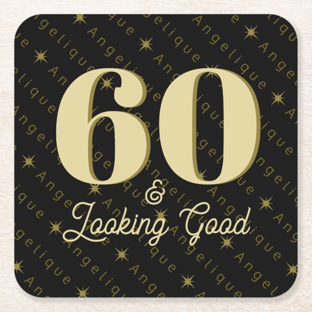 60 & Looking Good Gold Birthday Square Paper Coaster (Front)