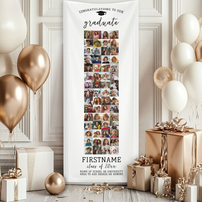 60 Photo Collage Graduation Modern Minimal White Banner (Custom Graduation Banner - Great for a backdrop or Grad Party Decoration)