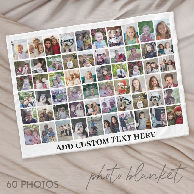 60 Photo Collage Grid - Black with White Text Fleece Blanket (Photo Blanket - Custom Pictures in a Collage)