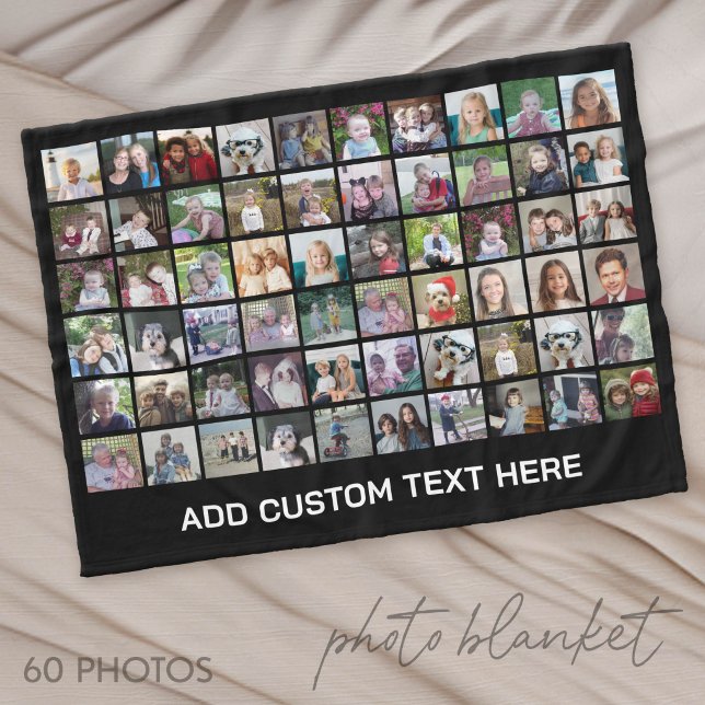 60 Photo Collage Grid - Black with White Text Fleece Blanket (Photo Blanket - Custom Pictures in a Collage)