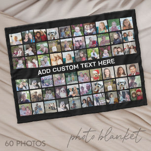60 Photo Collage Grid - Black with White Text Fleece Blanket