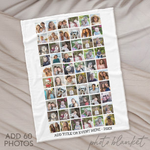 60 Photo Collage Grid - Custom Text - White Fleece Blanket