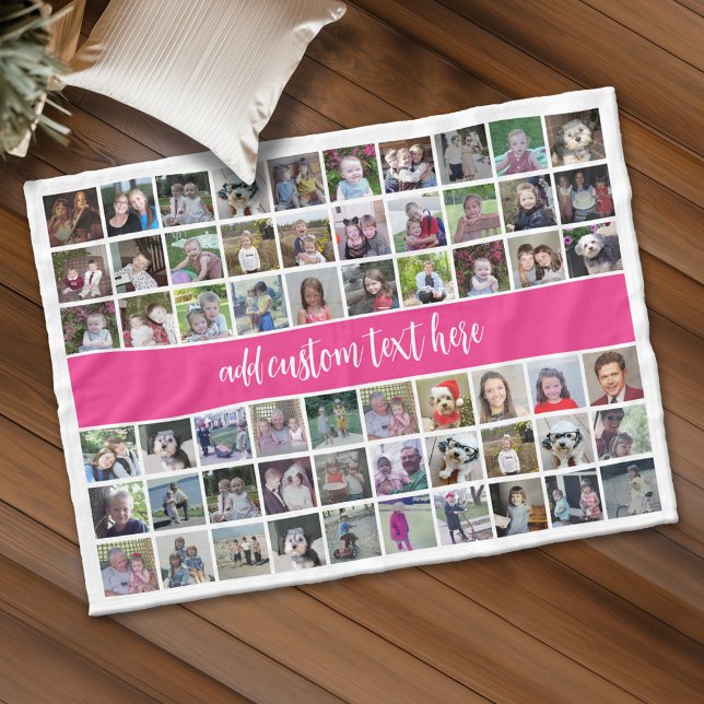 60 Photo Collage Grid - Script Text - hot pink Fleece Blanket (Custom Fleece Blanket - Add Photos and Text)