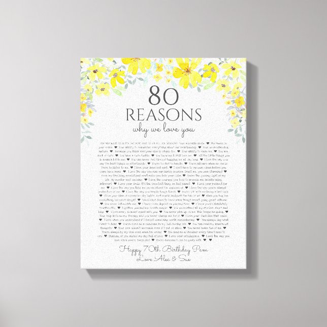 60 reasons why we love you yellow grey floral canvas print (Front)