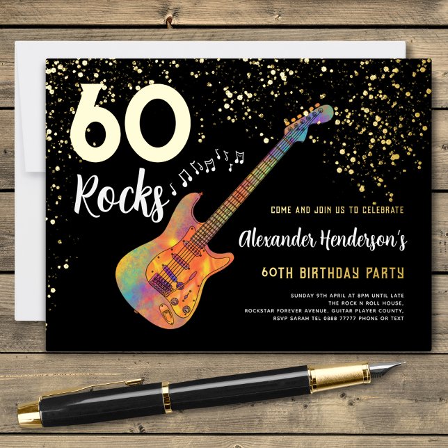 60 Rocks 60th Birthday Party Gold Black (60 rocks guitar black and gold glitter foil custom 60th birthday party invitation guitarist musician)