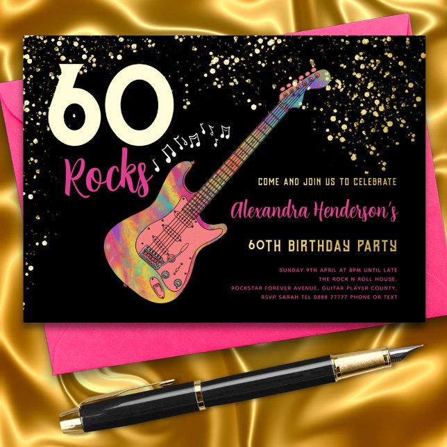 60 Rocks 60th Birthday Party Pink Gold (60 Rocks Rock and Roll guitar pink black and gold foil 60th birthday party invitation )