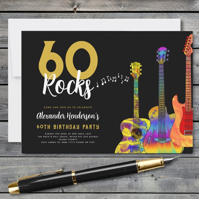 60 Rocks Guitar 60th birthday party  Invitation (Rock and roll 60th birthday party black and gold invitation 60 Rocks funky psychedelic guitars)