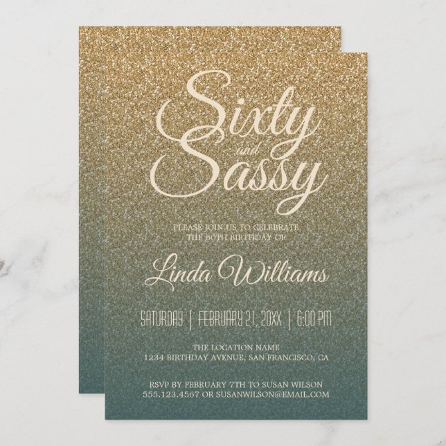 60 Sassy Gold Emerald Ombre 60th Birthday Party Invitation (Front/Back)