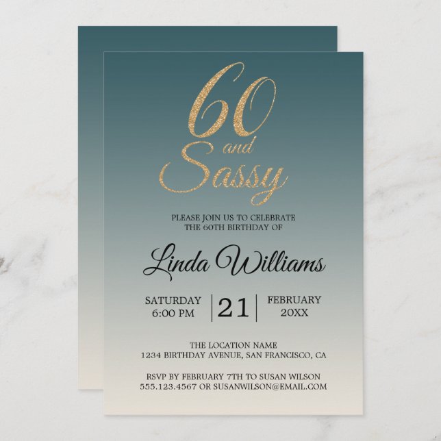 60 Sassy Gold Emerald Ombre 60th Birthday Party Invitation (Front/Back)