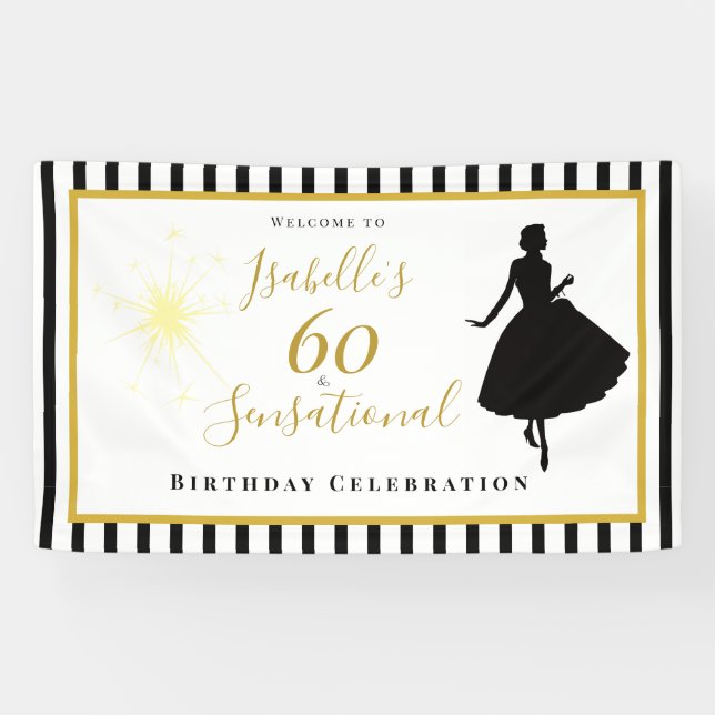 60 & Sensational Birthday Banner Black & Gold (Horizontal)