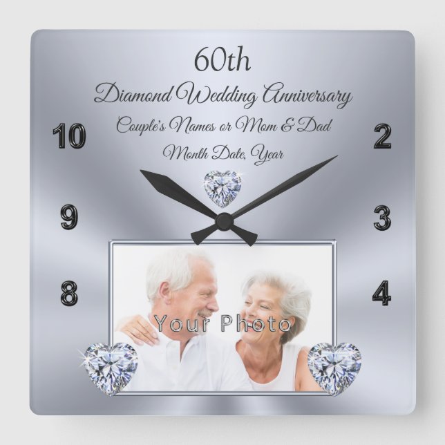 60 Year Wedding Anniversary Gift with PHOTO Square Wall Clock (Front)
