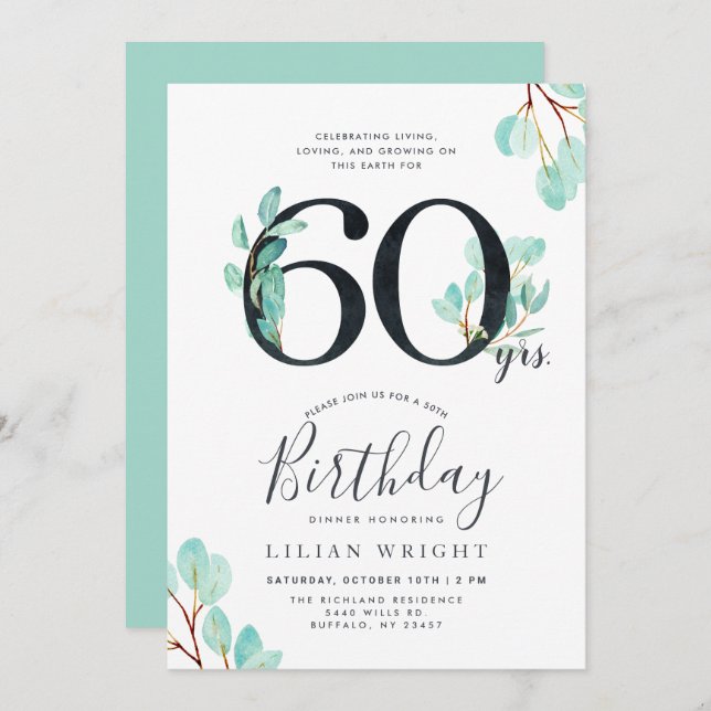 60 Years Growing | 60th Birthday | Eucalyptus Invitation (Front/Back)