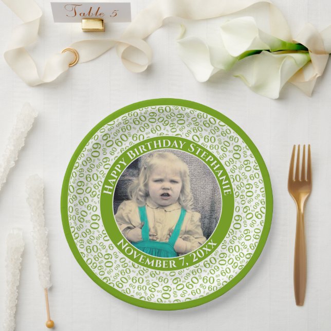 60 Your Photo Random Number Pattern Green/White Paper Plate (Wedding)