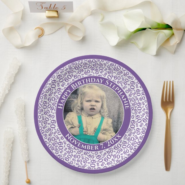 60 Your Photo Random Number Pattern Purple/White  Paper Plate (Wedding)