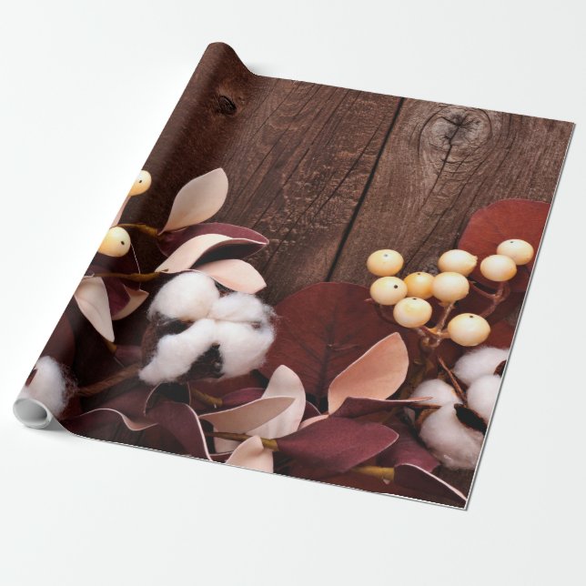 60lb Wrapping Paper Roll Cotton Branch on Dark Woo (Unrolled)