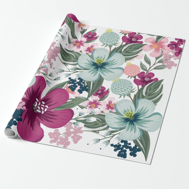 60lb Wrapping Paper Roll Tropical Flowers on White (Unrolled)