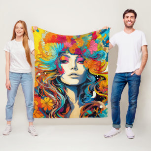 60s 70s Hippy Woman Psychedelic Hippie Fleece Blanket