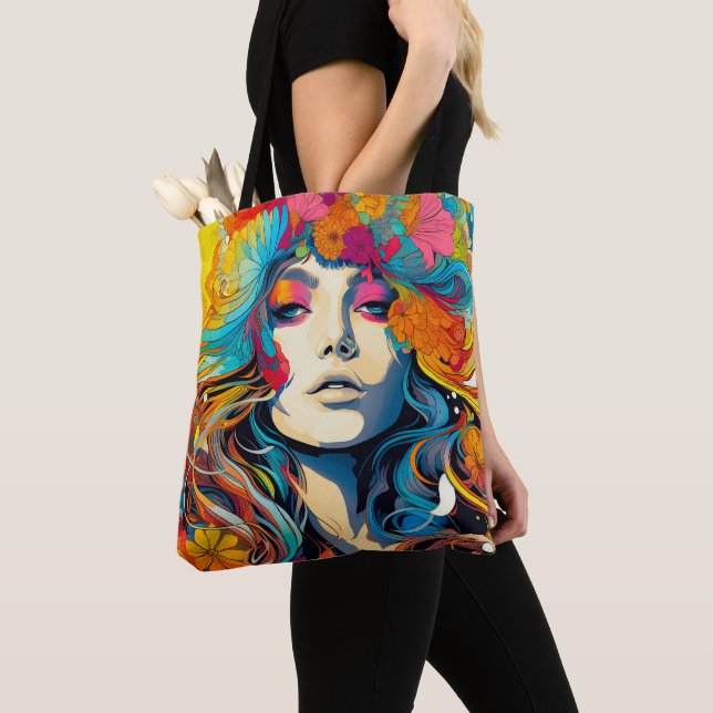 60s 70s Hippy Woman Psychedelic Hippie Tote Bag (Close Up)