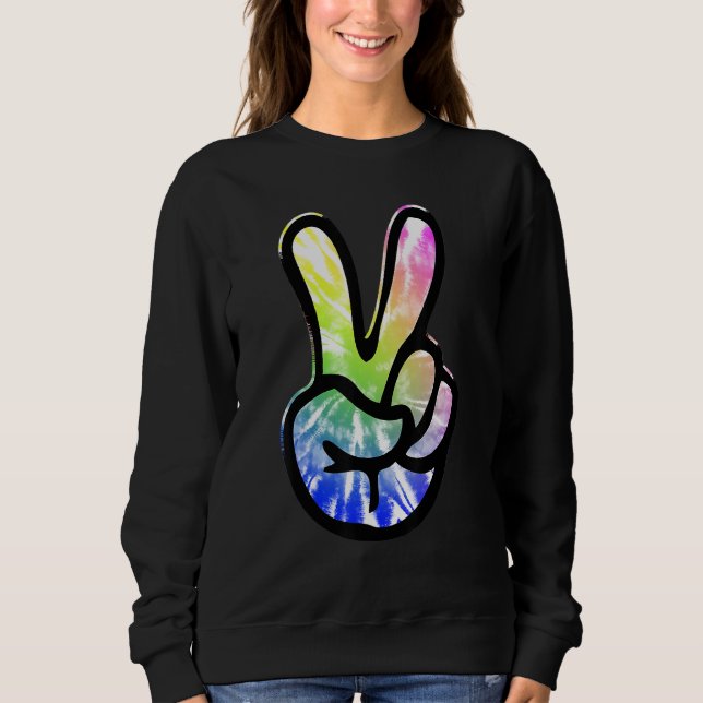 60s 70s Tie Dye Peace Hand Sign   Hippie Sweatshirt (Front)