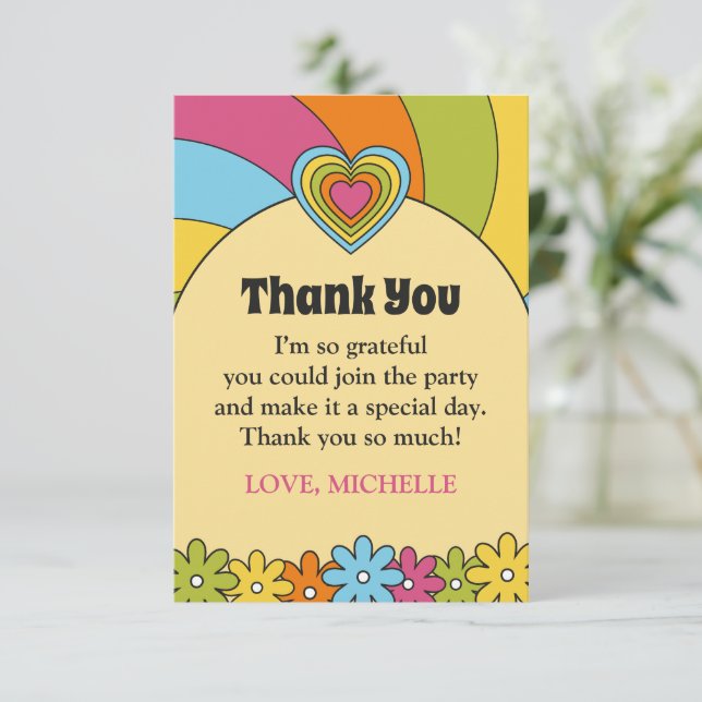 60s Inspired Retro Flowers, Waves and Hearts Thank You Card (Standing Front)