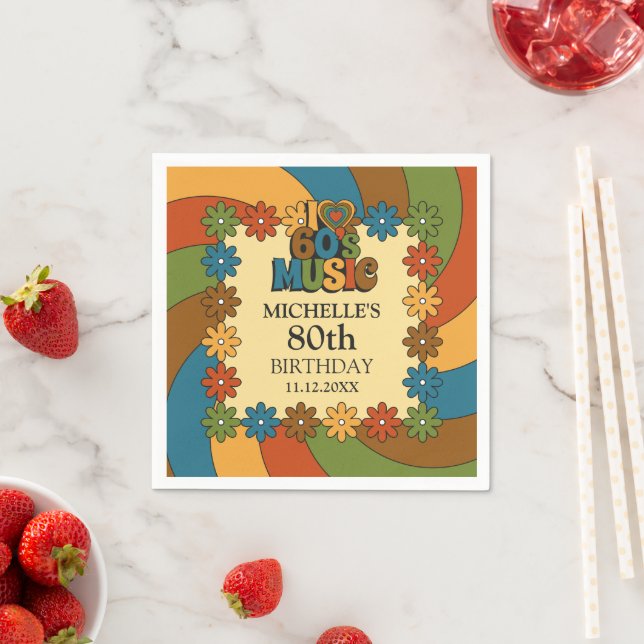 60s Music Theme Nostalgic 80th Birthday Party Deco Napkin (Insitu)