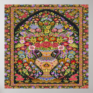 60s Vintage Persian Turkish Floral Flower Kilim Poster