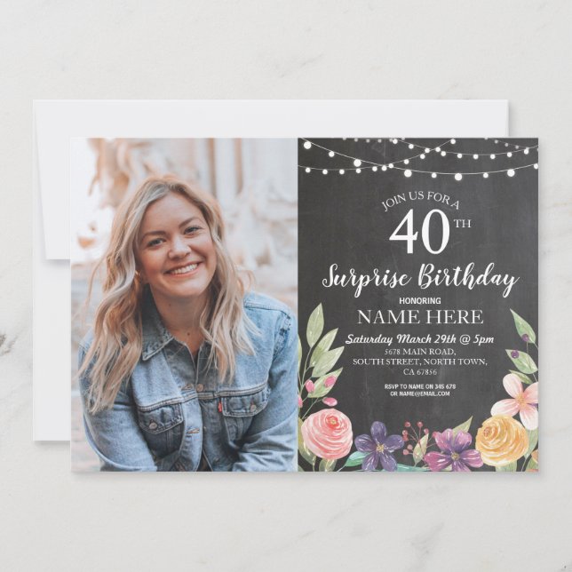 60th 50th 40th Birthday Party Chalk Floral Photo Invitation (Front)