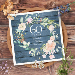 60th 75th Wedding Anniversary Blue Rustic Floral Napkin