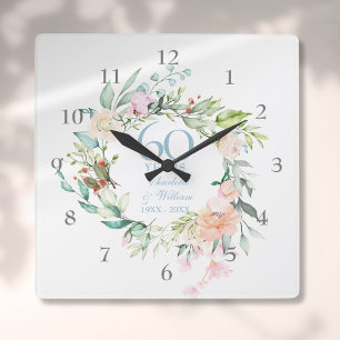 60th / 75th Wedding Anniversary Roses Garland Square Wall Clock