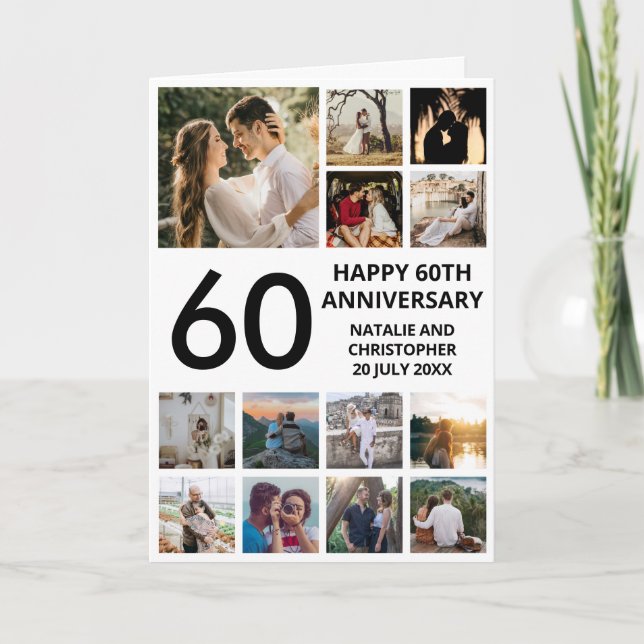 60th Anniversary 13 Photo Collage Black and White Card (Front)