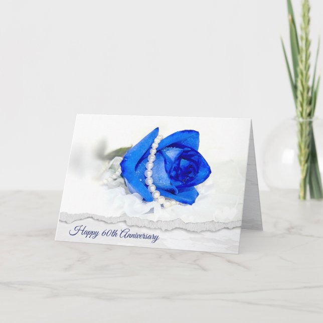 60th Anniversary Blue Rose and Pearls Card (Front)