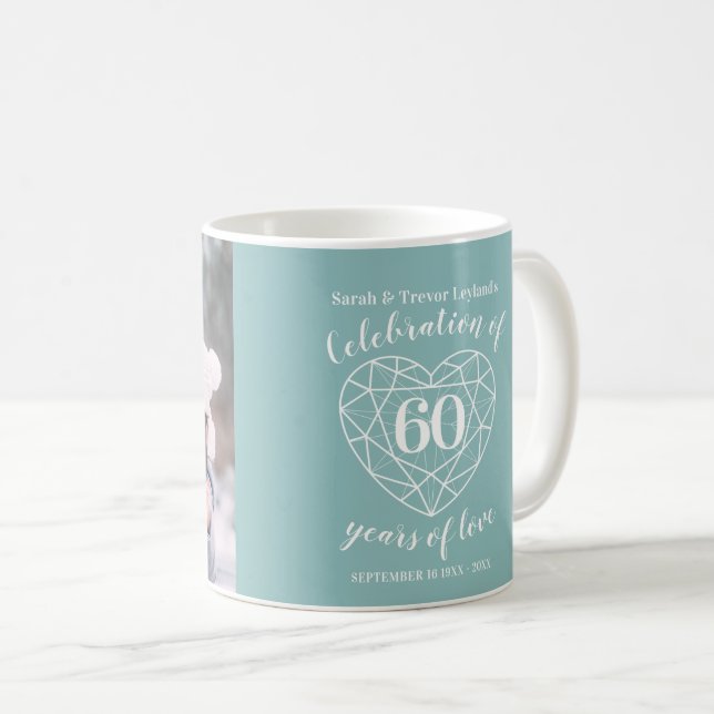60th anniversary diamond heart custom photo coffee mug (Front Right)