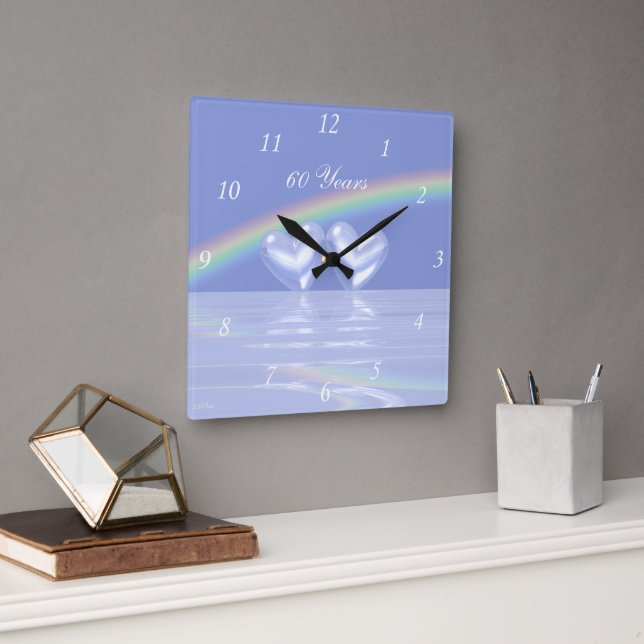 60th Anniversary Diamond Hearts Square Wall Clock (Office)