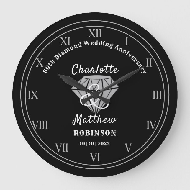 60th Anniversary Diamond Wedding Gift Personalised Large Clock (Front)