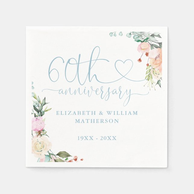 60th Anniversary Gold Heart Roses Floral Napkin (Front)