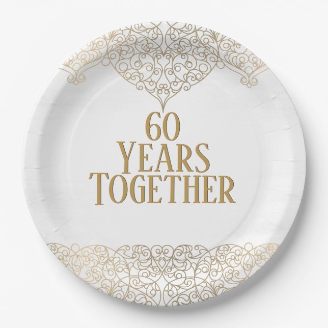 60th Anniversary Gold Lace On White Paper Plate (Front)