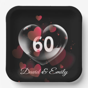60th Anniversary Heart Bubble With Red Hearts  Paper Plate
