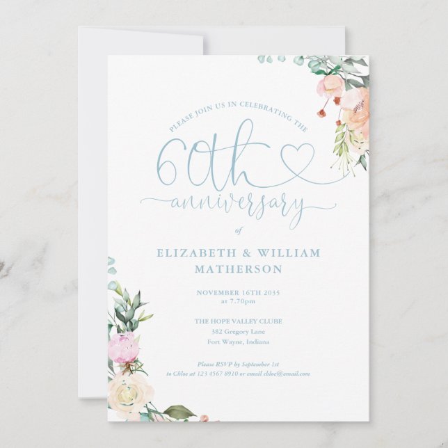 60th Anniversary Heart Script Floral Monogram Invitation (Front)