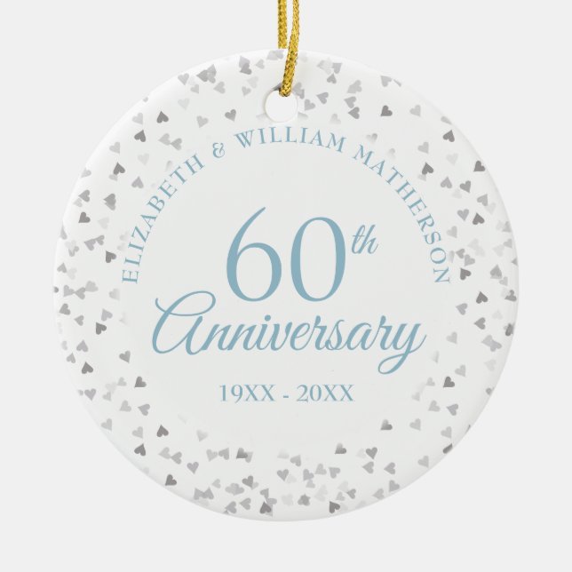 60th Anniversary Hearts Confetti Ceramic Tree Decoration (Front)