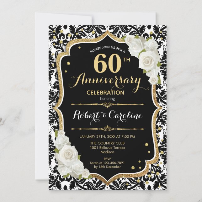60th Anniversary Invitation - Black White Gold (Front)
