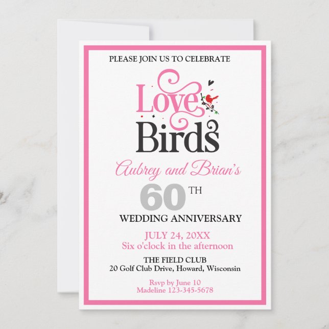 60th Anniversary Love Birds Personalised Invitation (Front)